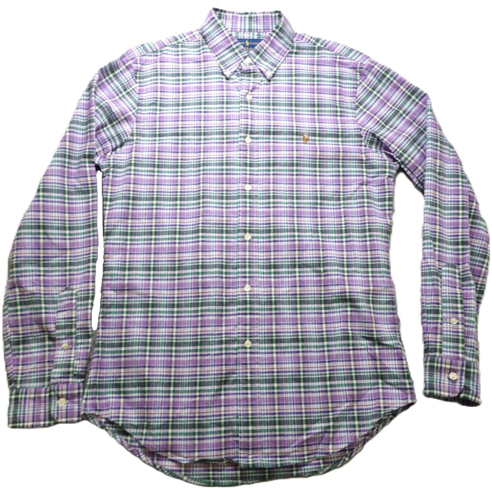 Ralph Lauren Stretch Oxford Plaid OCBD Button Down Shirt Cotton Men M Flesh Pony